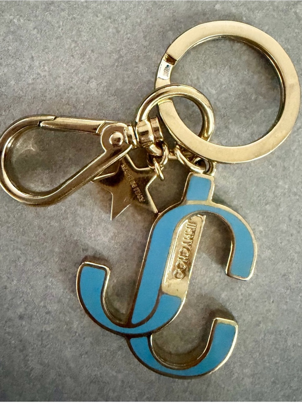 Jimmy Choo Enamel JC Star Logo Bag Charm Keychain in Gold-Tone and Light Blue